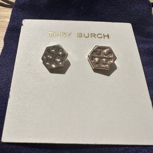 Tory Burch Hexagon Logo Stud Earrings Gold